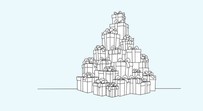Large pile of outlined gift boxes piled high in a pyramid shape for a holiday or celebration event on a plain background.