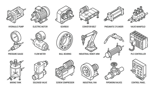 Factory machinery vector icons transparent background industrial process equipment symbols.