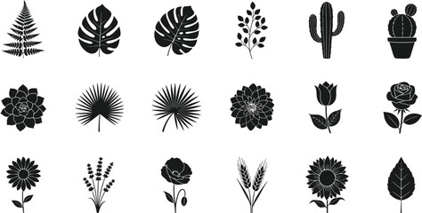 Black silhouettes of various plants and flowers, set leaf cactus succulent © Graphic Shops