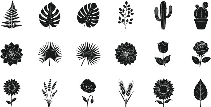 Black silhouettes of various plants and flowers, set leaf cactus succulent