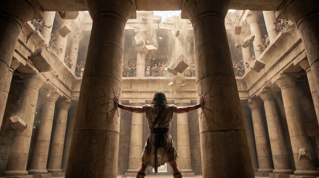 Powerful Figure in Ancient Temple Holding Pillars with Light Streaming Down.
