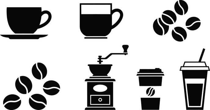 Black and white coffee including cups, beans, and grinder coffee cup coffee beans coffee grinder coffee black and white