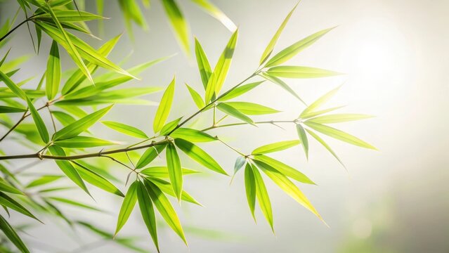 A photo of elegant bamboo leaves rustling gently in light breeze against a soft white background, creating a serene natural atmosphere