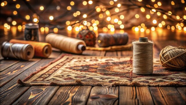 A realistic photo of A rug is on a wooden table with a bunch of thread and needles