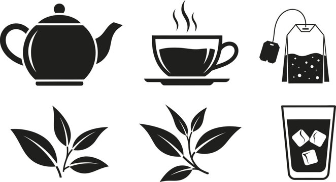 Black and white tea including teapot, cup, tea bag, and leaves