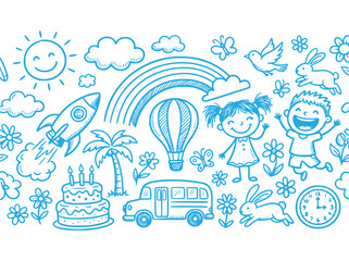 Naklejka premium Hand Drawn Kids Doodle Background with School Bus Rocket and Rainbow