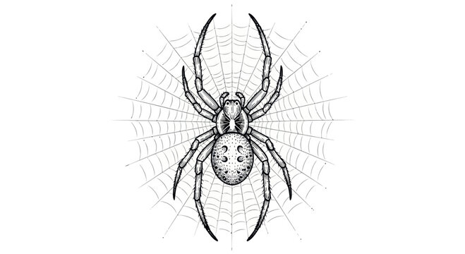 Detailed Spider and Web Illustration - Black and White Drawing