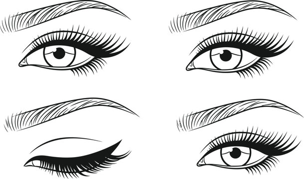 Four black and white of female eyes with eyeliner and mascara eye makeup