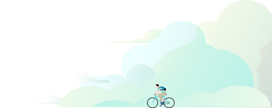 Vector illustration of a man riding a bicycle over the clouds. Background, copy space, eco-friendly.
