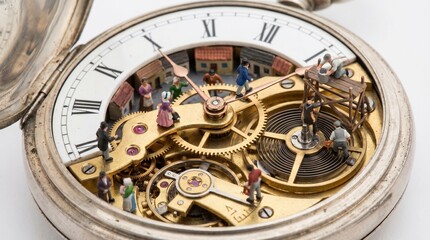 Obraz premium A miniature world inside a complex mechanical wristwatch, tiny people living among gears