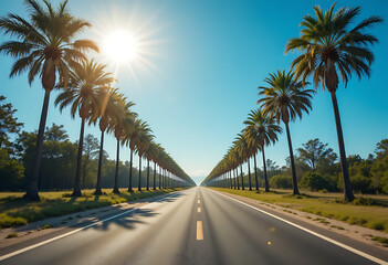Fototapeta premium Aerial view of a sunny coastal road lined with tall palm trees and clear skies sunny day clear blue sky