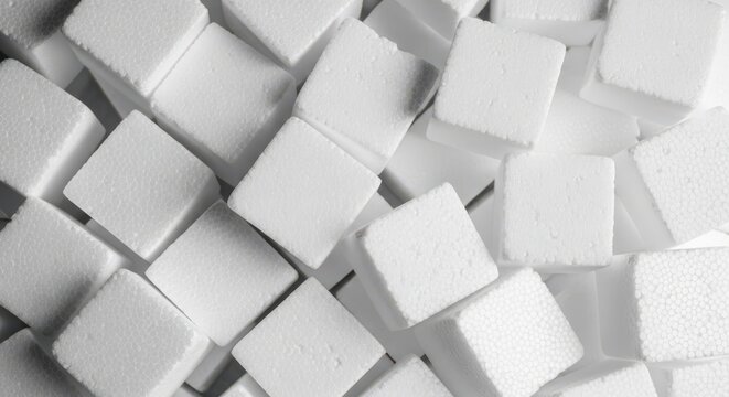 Top view of many white styrofoam cubes arranged in a pattern