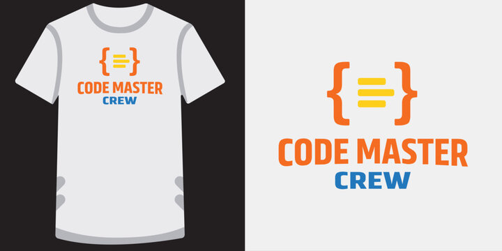 Code master crew t-shirt design with curly bracket brackets and text for tech communities.