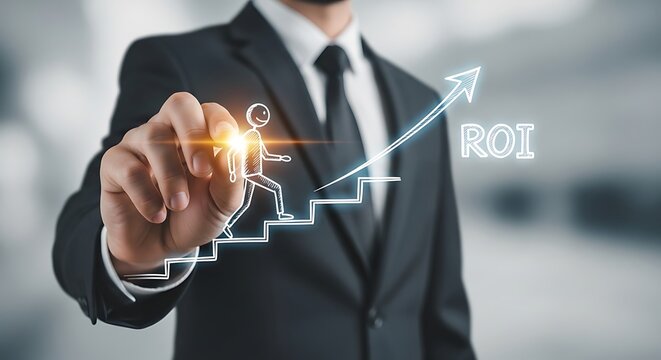 Businessman drawing a rising graph with ROI text, symbolizing business growth and financial success.
