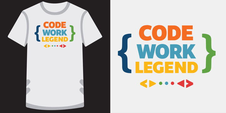 Code work legend typography design with programming symbols and colors.