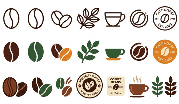 Stylized coffee bean icons in outline flat and filled styles for caf&eacute; logo and packaging graphics