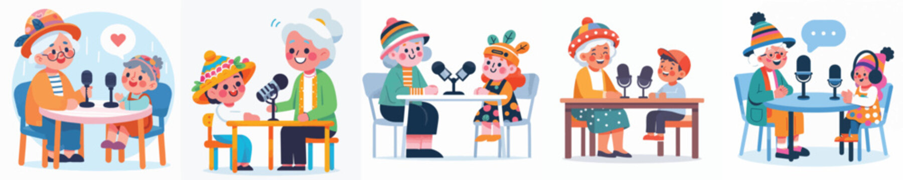 vector of grandma doing a podcast with her little child