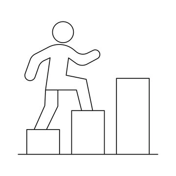 Person climbing stairs bar chart icon. Career progression, personal growth, and success steps.Editable stroke, Vector illustration, Line art Icon, Symbols.
