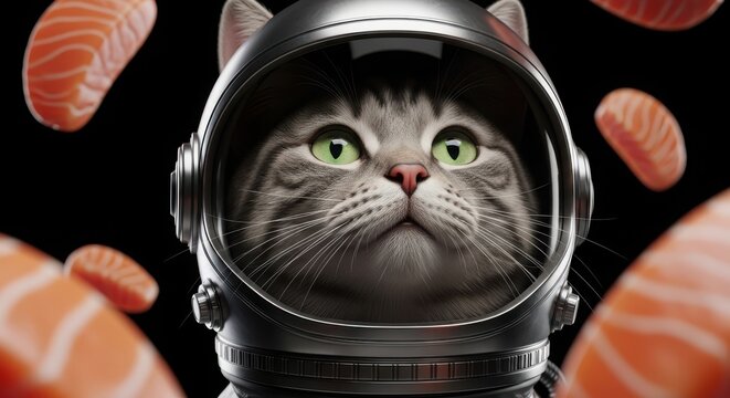 gray tabby cat wearing futuristic astronaut helmet with glowing visor in space-themed studio