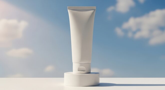Blank cosmetic tube mockup on a white pedestal against a blue sky background