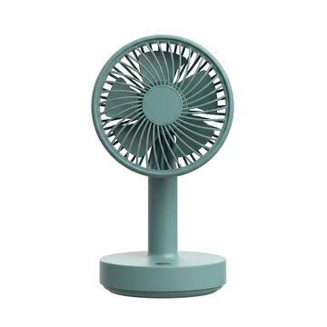 Modern standing fan with green and grey blades isolated on white background