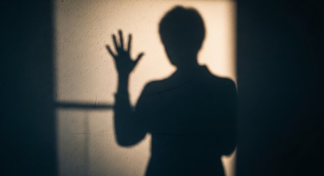 Backlit Silhouette of Person Waving at Window.