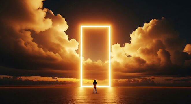 Man Standing Before a Glowing Portal in a Dramatic Sky with Golden Clouds.