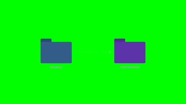 Two digital folders representing import and export data operations displayed on a vibrant green screen 