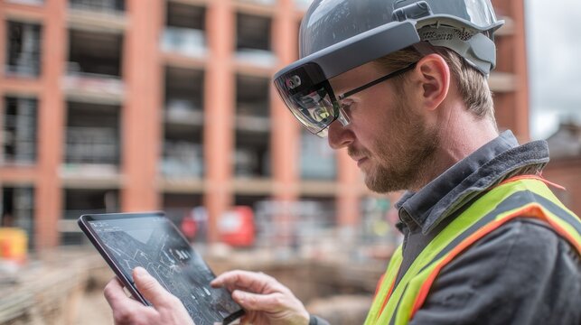 A construction worker wearing an augmented reality headset and holding a tablet on a site.