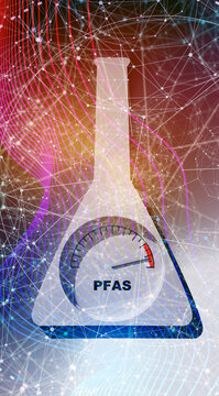 Measuring scale indicates high level value of PFAS impact. PFAS acronym means Per- and polyfluoroalkyl substances. Business and social responsibility.
