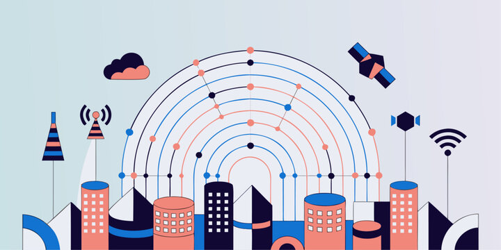 Cityscape with modern communication technology and satellite connections