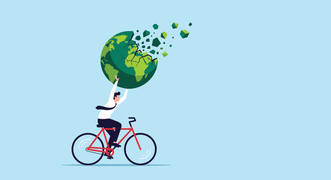 Dedicated man riding a bicycle while carrying a large planet Earth globe that is slowly crumbling and falling apart into pieces.