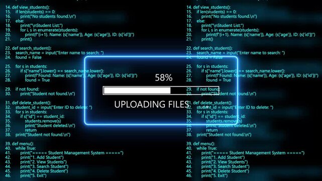 cyan glowing uploading files loading bar animation with digital binary code and cyber programming background. Programming code hacking concept.4k animation