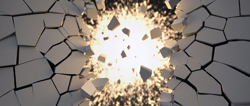 Explosion broken wall crack debris destruction light impact dramatic background