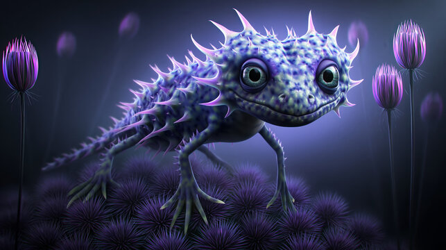 Fantasy creature alien animal purple lizard spiky reptile glowing eyes surreal art fantasy background digital art fantasy creature with glowing