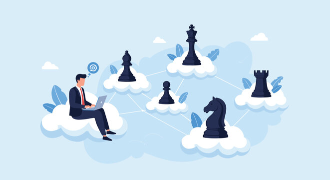Strategic thinker sitting on a cloud using a laptop while connected to floating chess pieces representing cloud based planning.
