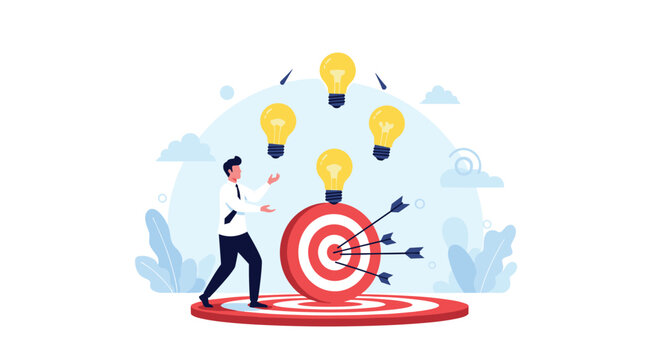 Businessman standing on a large target with multiple floating lightbulbs and arrows representing successful creative solutions.