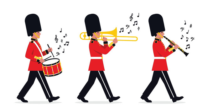 Military Marching Band Musicians in Ceremonial Red Uniforms Playing Drum Trombone and Clarinet