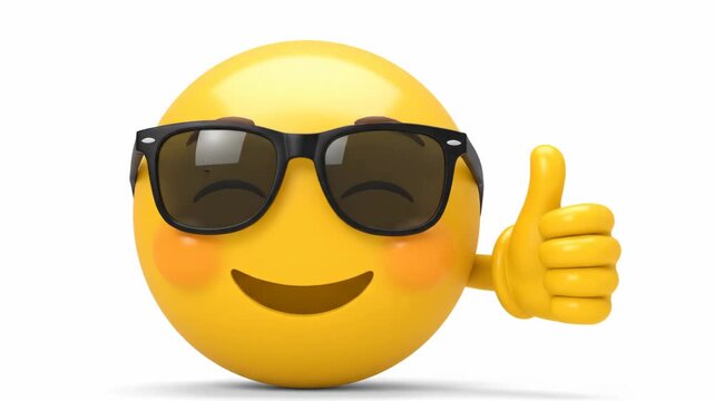 Cool 3D yellow emoji with sunglasses winking and showing thumbs up sign on isolated white background
