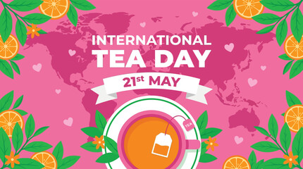 Fototapeta premium International Tea Day Celebration Vector Illustration with Cup of Tea World Map and Orange Slices