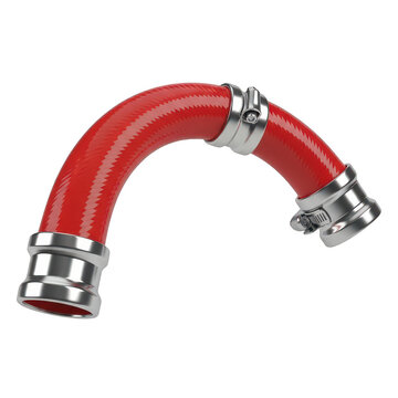 Red flexible metal pipe connector with threaded ends isolated on transparent background
