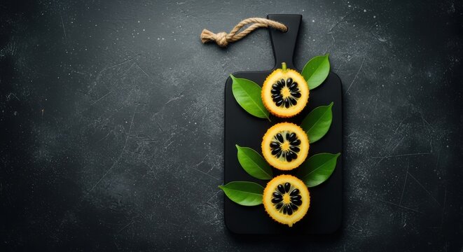 Sliced gac fruit on a black cutting board with green leaves on a dark textured background, top view