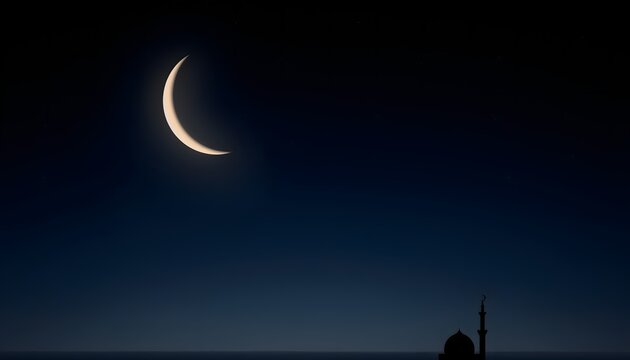 Crescent Moon Glowing in the Night Sky with Mosque