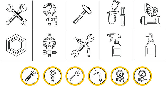 Set of 12 Tool, Gauge, and Spray Icon Illustrations for Mechanic, Workshop, and Digital Media Projects
