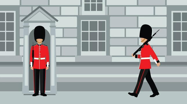 Illustration of Royal Guards in Red Uniforms Patrolling at Palace Entrance Flat Vector Style