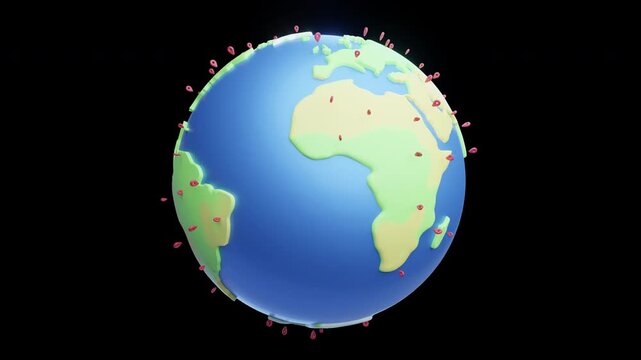 3d render looping planet earth rotates with red point pin cartoon styles alpha channel Background