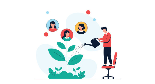 Businessman standing on an office chair and watering a plant with female profile bubbles representing talent development.