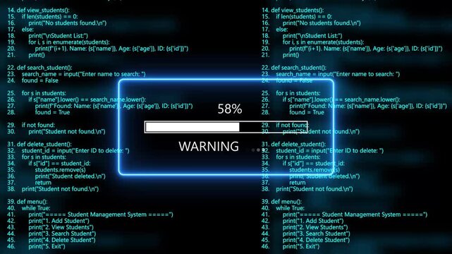 cyan glowing warning loading bar animation with digital binary code and cyber programming background. Programming code hacking concept.4k animation