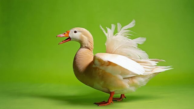 angry white and yellow duck standing on green background