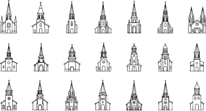 Religion and Spirituality Church Buildings Icons Black  White Line Art Set. Collection of Outline Church Architecture with Steeple and Cross Symbols for Faith and Worship.